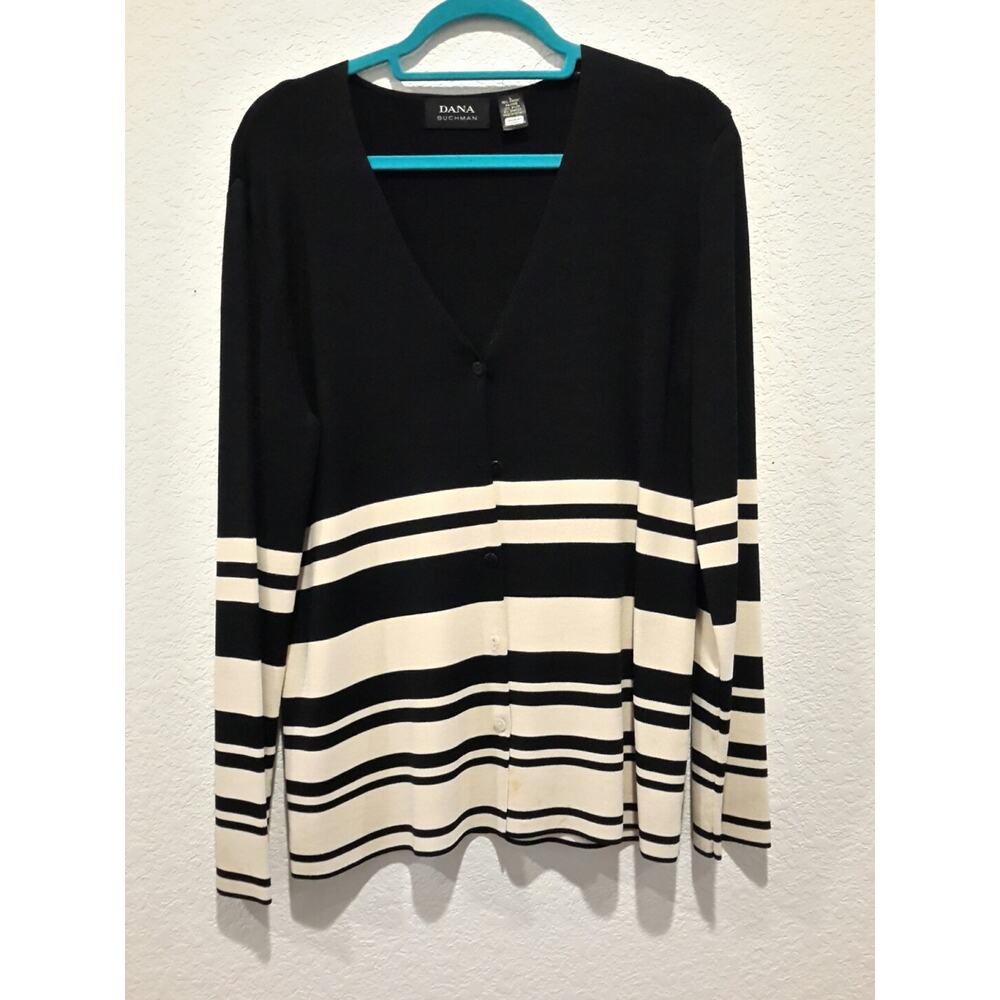 Dana Buchman Womens Large Sweater Striped Black Cream Button V Neck Cardigan